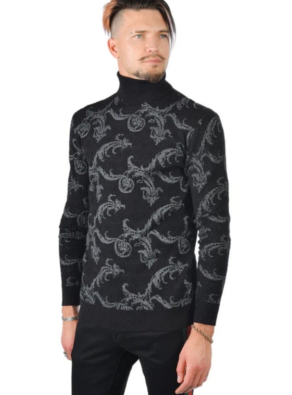 Barabas Mens Floral Turtleneck Sweater Size XL Whimsigoth Streetwear Metallic
